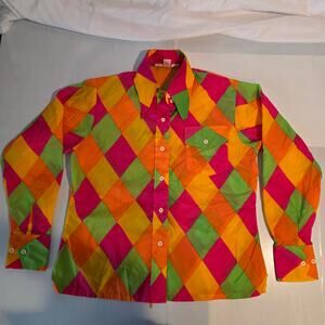 Vintage 70s Skyr Nylon Shirt Harlequin Diamond Print Disco Mod Blouse Womens M
